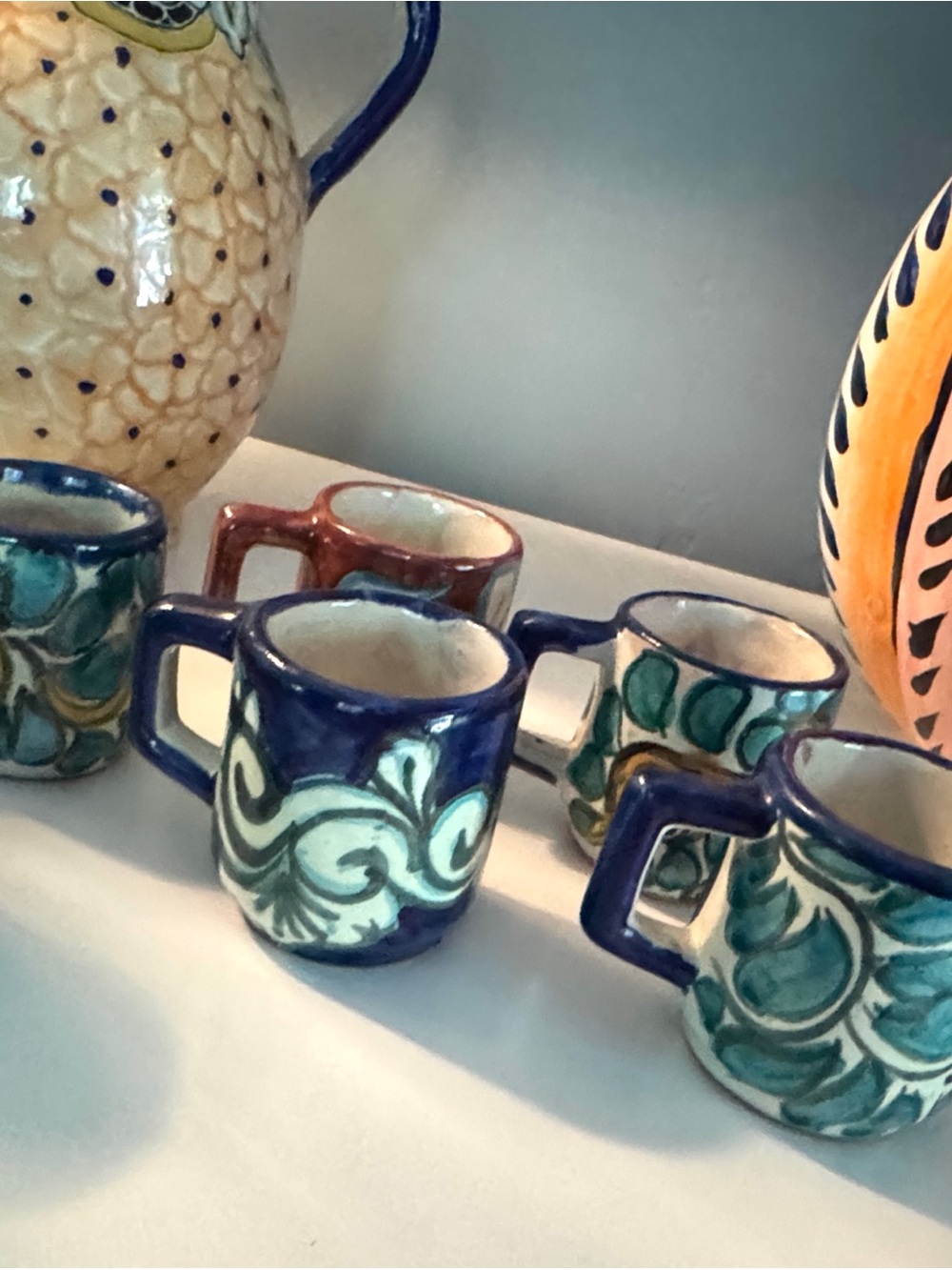 Hand-Painted Ceramic Mini Mugs - Blue and Teal Floral Design